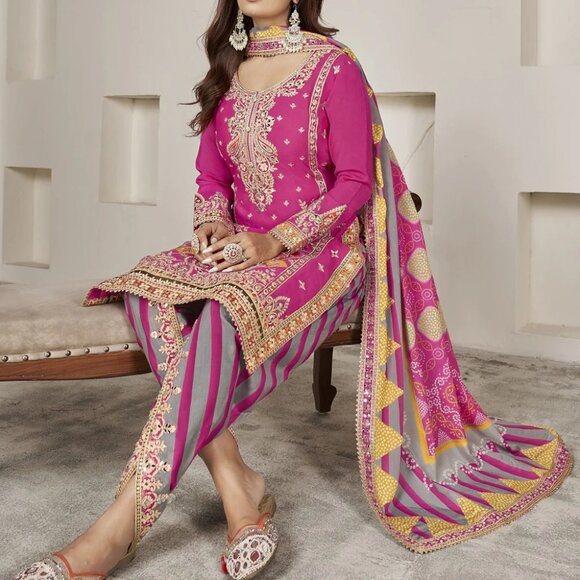 Designer Premium Chinnon Silk Rani Pink Punjabi Style Dhoti Salwar Suit - Picture 2 of 4